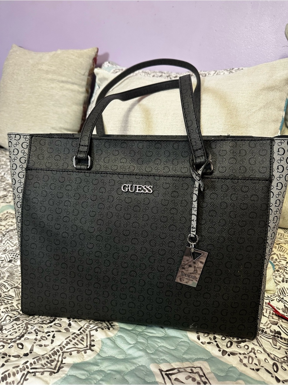 GUESS Black and Gray Logo Tote with Branded Charm